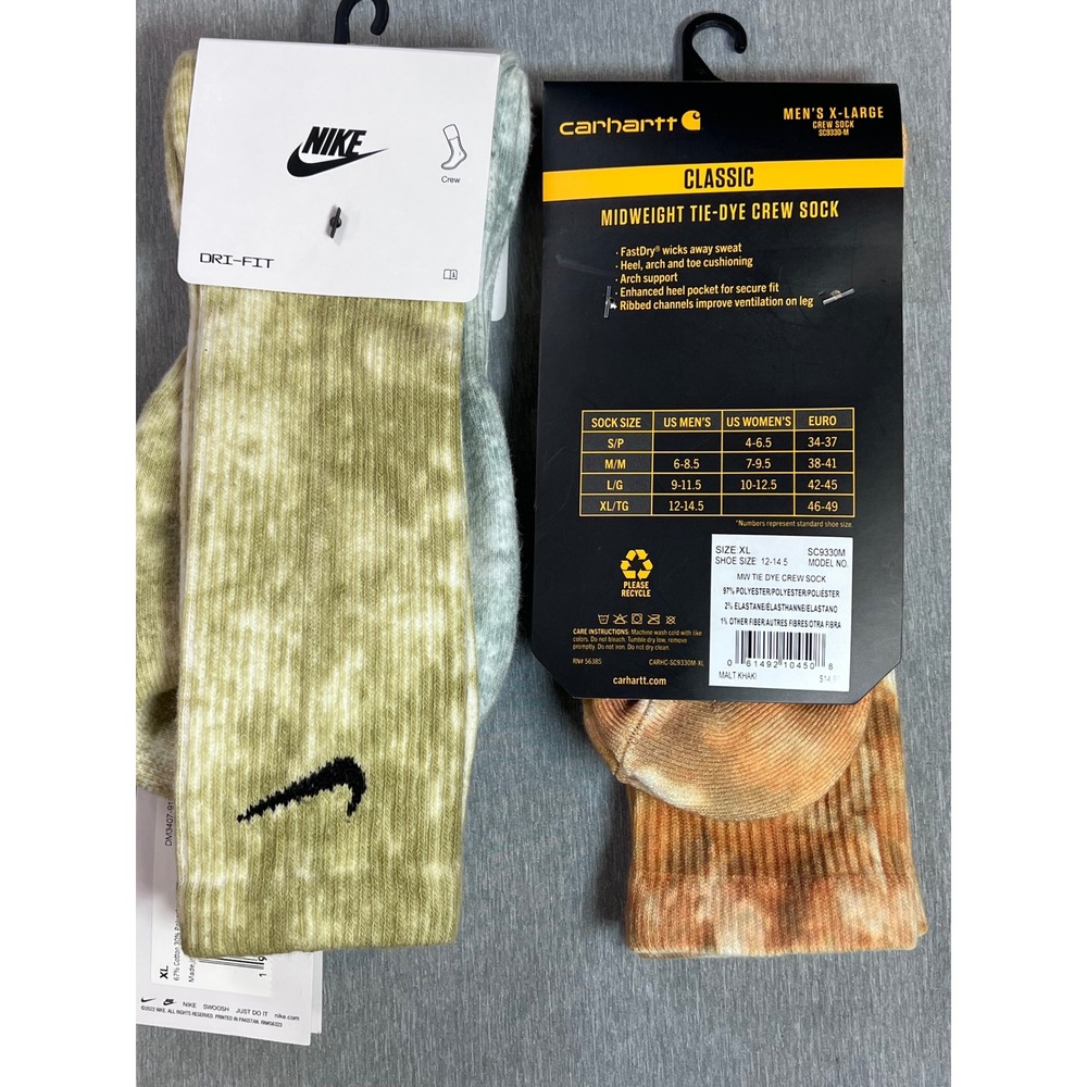 Nike & Carhartt Tie-Dye Crew Socks Mens XL 12-15 3 Pair Bundle Khaki Sage Green - Picture 2 of 8